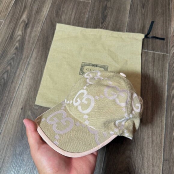 Gucci Cap Beige x Pink Jumbo GG Monogram Canvas Baseball Hat - Picture 1 of 6